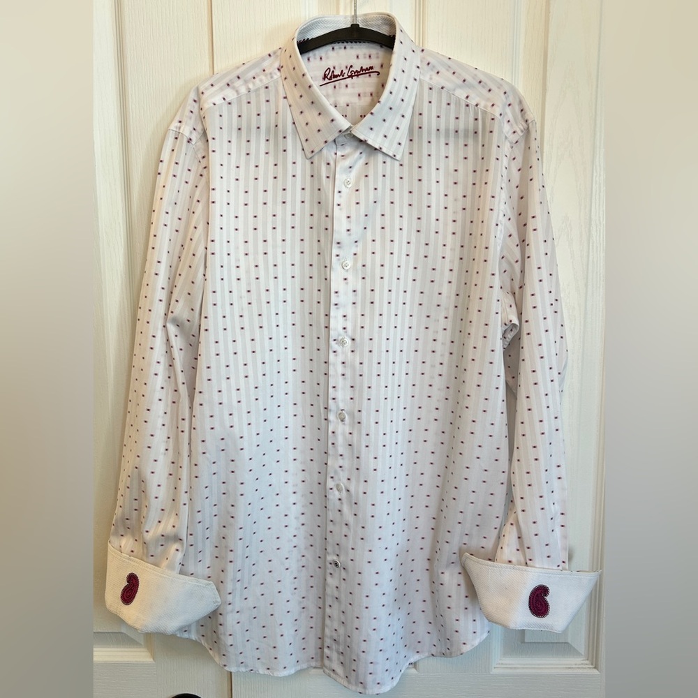 Robert Graham White Button Down Shirt Size 42/L | Burgundy Paisley Cuff Details